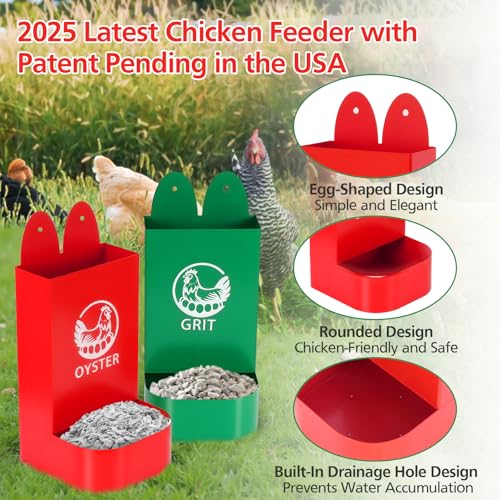 2Pack Chicken Grit and Oyster Shell Feeder for Hens – US Patent Pending – Heavy-Duty Metal Chicken Feeder with Rounded Edges – Chicken Coop Accessories Improve Eggshell Quality and Hen Health