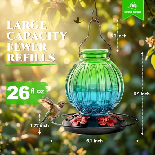 Glass Hummingbird Feeder for Outdoors Hanging, Bird Nectar Feeder with Perch & 5 Flower Feeding Ports, 26 Oz Leak Proof for Outside Garden Decor Backyard, Gifts for Women Mom, Green & Blue - color: Green-Blue Gradient
