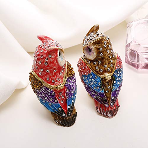 Hand Painted Enamel Couple Owl Trinket Box, Hinged Unique Mini Ring Necklace Jewelry Organizer, Classical Bejeweled Storage, Figurine Collectible Keepsake Home Decor (Couple Owl) - color: Couple Owl