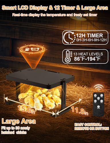 Chicken Brooder, 200W 16x12in Large Chick Heat Plate with Adjustable Temp(86~194℉) & 12H Timer & Height & Angle & Remote Control for Coops Poultry, Anti-Scald Brooder Heater for 30 Chicks