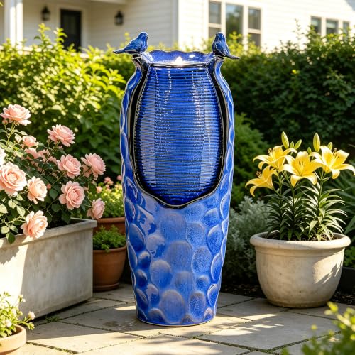 Autodaya 33" Vase Ceramic Outdoor Water Fountain with Lights and Birds | cobalt blue glazed water feature with textured design, ambient soothing cascading water flow for garden patio yard sanctuary - color: 33"h-hammered Cobalt Blue