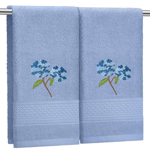 SmoothNovelty 2 Pcs Hydrangea Hand Towels Blue Bathroom Decor 14x29 Inch | Embroidered Floral Bathroom Hand Towels, 100% Cotton, Soft Absorbent, Bathroom Kitchen Decor, Spring Summer - style: Hydrangea Floral
