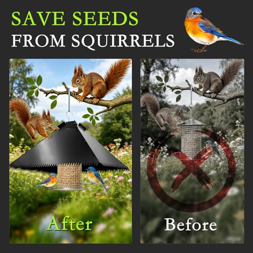 17-Inch Metal Squirrel Baffle for Bird Feeder, Heavy Duty 2-in-1 Pole Mount & Hanging Cone Fits 2.5-4.5" Round Poles & 4x4 Wooden Posts, Rustproof Powder-Coated Steel Bird Feeder Accessory