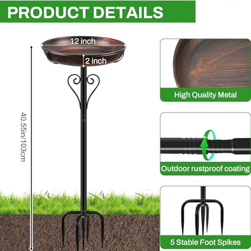 Metal Bird Bath for Outside, Vintage Freestanding Birdbaths with Metal Stake, Upgraded 5 Pronged Base Birdfeeder Feeder Bowl for Outdoors Garden Patio Yard Lawn Decor (Vintage Bronze) - color: Vintage Bronze