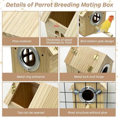 PINVNBY Parakeet Nesting Box Wooden Bird House for Cage Parrot Breeding Mating Box for Lovebirds CockatielFinch Cockatoo Canary and Small and Medium-Sized Birds (L: 7.91 * 6.81 * 6.69 inch) - size: Wood House Shape,L: 7.91*6.81*6.69 inch