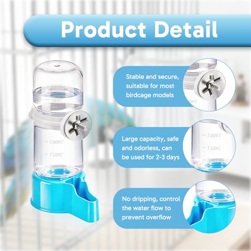 2 Pcs Parakeet Water Dispenser, Automatic Bird Water Dispenser Hanging Feeder, No Drip Bird Cage Water Fountain for Parrots, Finches, Small Pet Birds, Easy to Install and Use(White, Blue)
