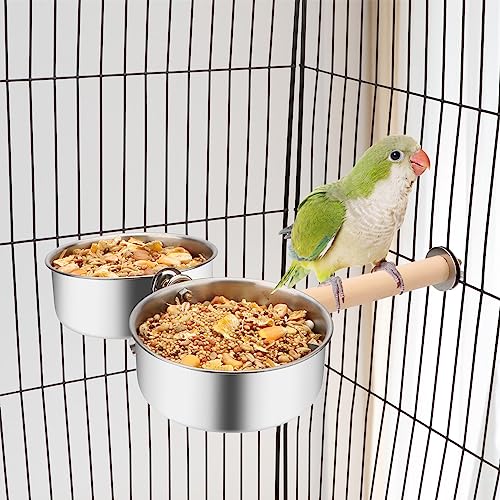 Bird Wood Stand Perch with Food Water Feeding Bowl for Parrot Parakeet Cockatiel Cage Accessories (B: Perch with 2 Feeder Bowls)