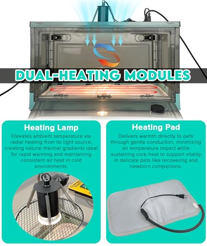 Puppy Incubator with Temperature Control & Ventilation Fan, Dual-Heating Modules (Pad+Lamp) and Oxygen Tube, Incubator for Puppy/Kitten | Brooder for Dogs, Chicks, Birds & Newborn Critters (55L)