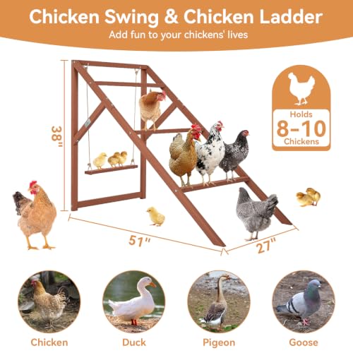 PETSFIT Wooden Chicken Roosting Bars for 8-10 Chickens, Easy Assembly | Multi-Level Design with 4 Perchs and Swings, Durable Fir Wood for Outdoor Coops,Ideal for Backyard Farms,Easy to Clean - size: 51"L x 26.6"W x 38"H