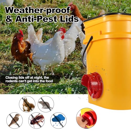 Chicken Feeder No Waste, 6 Ports Automatic Poultry Feeder with Covers & Hole Saw, Rain Proof Chicken Feeder Port for Buckets, Bins & Barrels - color: Red