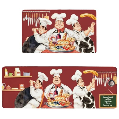 Chef Anti Fatigue Kitchen Mats for Floor, 17.3"x47"+17.3"x29", Red | Cushioned Non Slip Memory Foam Waterproof, Farmhouse Decor Rugs Set of 2 for Sink Laundry Office - color: Chef