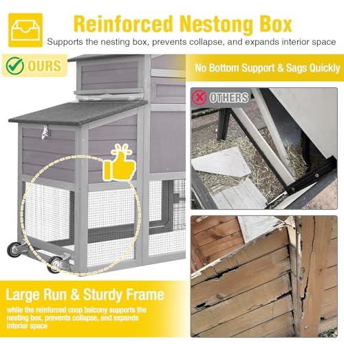 Aivituvin Chicken Coop with Wheels Mobile Hen House Poultry Cage for 2-4 Chickens with Metal Run and Nesting Box 79" L - color: Grey, size: 81.9"L x 28.9"W x 43.6"H