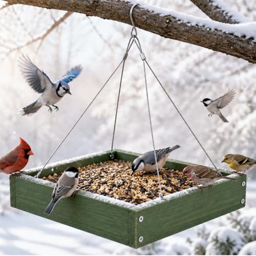 Platform Bird Feeder,Tray Bird feeders Outdoors,Wooden Tray Bird Feeder Hanging Platform,Platform Bird Feeder Tray,Suitable for Birds in Outdoor Gardens and Courtyards(A3-Green)