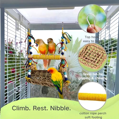 Parakeet Swing Toys Natural Bird Grass Mat,Parrot Swing Perch | Parrot Climbing Hammock With Chew Toys For Cockatiel, Sun Conure, Lovebird, Budgie