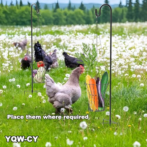 Hanging Chicken Feeder, Foldable Chicken Vegetable Fruits Feeder with 35.5lnch Shepherds Hook, Poultry Feeding Holder Basket with Hanging Chain for Chicken Coop Accessory - style: 2 Pack with 2 Shepherds Hooks