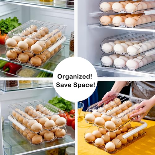 Egg Holder for Fridge, Automatic Rolling Egg Dispenser for Refrigerator with Lid, Stackable 2-Tier Egg Storage Container, Clear Food-Grade Egg Organizer for Fridge Kitchen