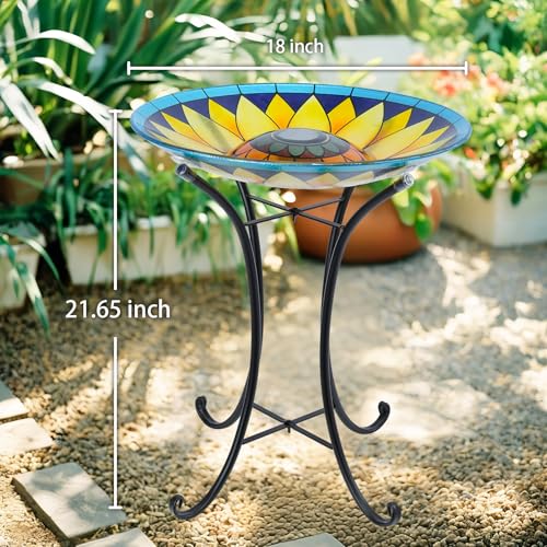 MUMTOP Outdoor Glass Bird Bath Solar Birdbath with Metal Stand Garden Decor | 18" Diameter 21.65" Height Outdoor Bird Baths for Lawn Yard Decor, Solar Large Birdbath Sunflower Bird Feeder - color: Yellow