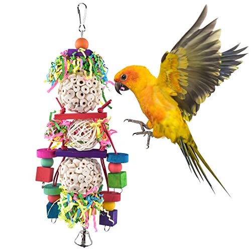 Bissap Conure Toys, Bird Parrot Foraging Shredder Hanging Toys Sola Balls Sepak Takraw with Bell for Small Parrots Parakeets Conures Cockatiels Love Birds Cage Toy - size: 1 PCS