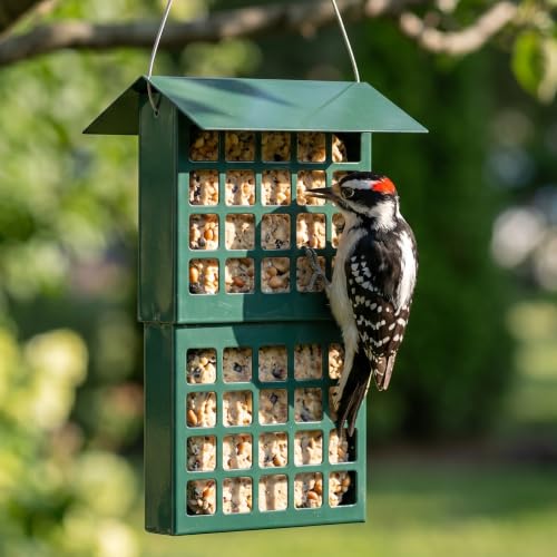 Solution4Patio Suet Bird Feeder for Outdoors, All Metal Bird Feeder for Wild Birds, Heavy Duty Galvanized Steel Hanging Feeder with Slide-Top Roof, Weather Resistant, Holds 2 Suet Cakes (Green) - color: Green