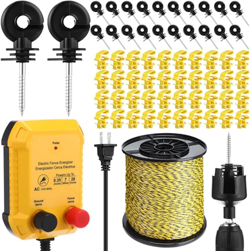 Electric Wire Fence Kit, 7 Mile 110VAC 0.35 J Plug in Fence Charger with 3366 FT Polywire, 40 T Post Insulators, 20 Screw in Insulators for Pasture Farm Horse Cattle Poultry Fencing - size: 3366FT, style: 0.35J