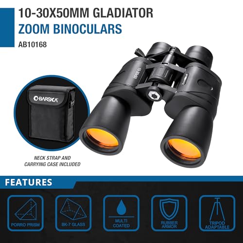 Barska Gladiator 10-30x50 Zoom Binoculars with Tripod Adaptor for Stargazing, Birding, Hiking, Sports, Travelling, Camping - style: 10-30x50 Ruby Lens