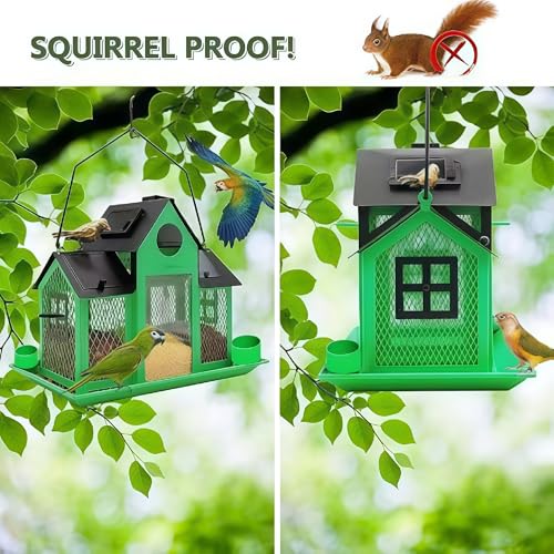 Solar Bird Feeders House for Outside Hanging, Metal Wild Bird Feeder for Outdoors Large Capacity Cardinal Birdfeeder Birdhouses Metal Bird Feeding Station Green - color: green