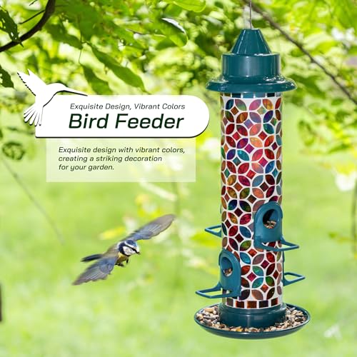 Glitzhome 20''H Glass Hanging Mosaic Bird Feeder, Multi-Color Wild Bird Feeders for Outdoors Garden Yard Backyard Deck and Porch Decor,4 Feeding Ports