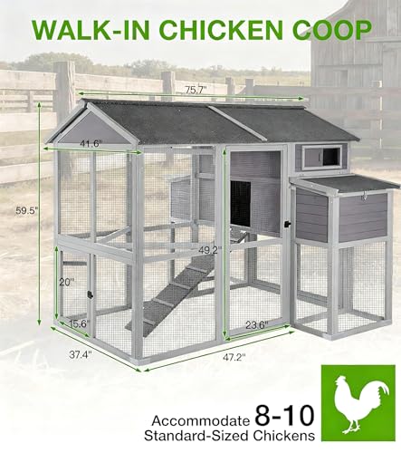 GUTINNEEN Extra Large Chicken Coop with Run Walk in Chicken House with 2 Large Nesting Boxes Sturdy Iron Angle Brackets 76" L Grey - size: 75.7"L x 65.7"W x 59.1"H