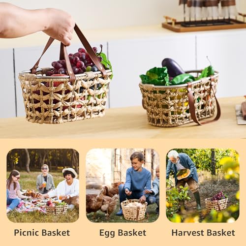 Egg Baskets for Collecting Fresh Eggs Farmhouse Handmade Wicker Hyacinth Egg Collecting Basket with Handle - color: Oval-Water Hyacinth