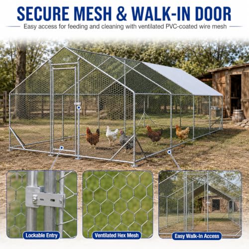 Large Metal Chicken Coop Run with Removable PE Cover, Walk-in Galvanized Steel Poultry Enclosure with PVC-Coated Wire Mesh and Lockable Door for Chickens, Ducks and Rabbits (10'Lx26' W x6.56' H) - size: 312.0"L x 120.0"W x 78.7"H