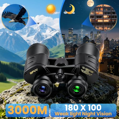 10-180x100 Zoom Binoculars for Adults, Day/Low Light Night Vision | High Powered Binoculars with BAK4 & FMC Lens, Waterproof Fogproof for Hunting Birdwatching Travel Sport Concert Gift for Men