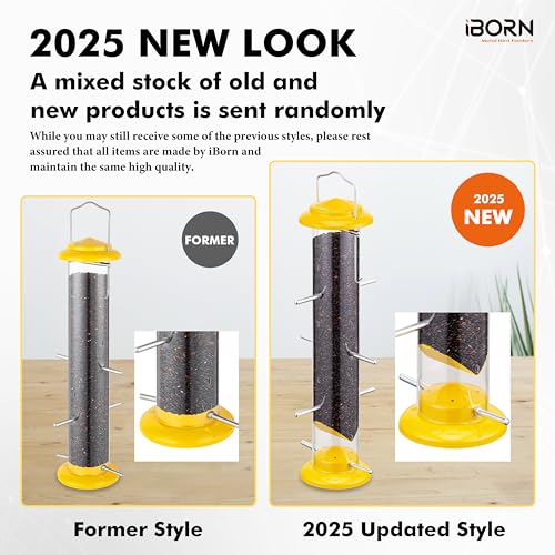 iBorn Finch Feeders for Outside,Nyjer/Thistle Bird Feeder,14 Inch Tube Bird Feeders for Outdoors Hanging,Metal Finch Feeders for Thistle Seed with 12 Small Ports,8 Metal Perches,Yellow,Pack of 1