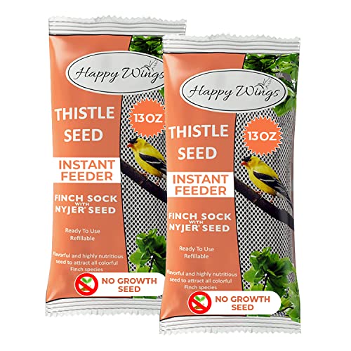 Happy Wings 26Oz Thistle Seed (Nyjer) Bird Food Prefilled Sock, No Grow | Oil Rich, High Fat & Energy Content, Single Grain, USDA & BRC-GS Approved, Finches, Sparrows, Chickadees, Cardinals, No Mess - size: 13 Ounce (Pack of 2)