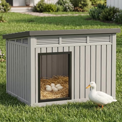 VIXZEN Chicken Coop, Resin PP Material Outdoor Duck House, Wood Grain Finish Sloped Roof Poultry Shelter, Gas Strut Top Opening Ventilated Duck Coop with Spacious Interior & Easy Assembly（Grey） - color: Grey, size: 42.9"L x 33.0"W x 31.6"H