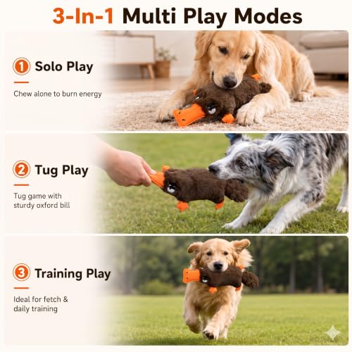 Platypus Squeaky Dog Plush Chew Toy, Interactive Tug Squeaky Toy for Chewers, Medium Large Dogs & Fetch Play, 15 Inch Stuffed Play Toy with Thick Oxford Cloth Beak for Gentle Gum Care - color: Brown (Platypus)