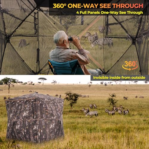 Portable Hunting Blind 360° Degree See Through with Carrying Bag, 2-3 Person Pop Up Ground Blinds with Silent Zipper Door & Sliding Windows, Resilience Tent for Deer & Turkey Hunting - color: Dark Woodland Camouflage
