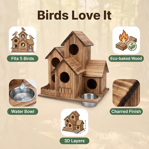 Cekobechg Outdoor 5-Hole Wooden Bird House with Feeding Basin, Bird Nest for Garden and Patio Decor, Ideal for Finches, Bluebirds, Cardinals and Small Birds, Natural Solid Wood