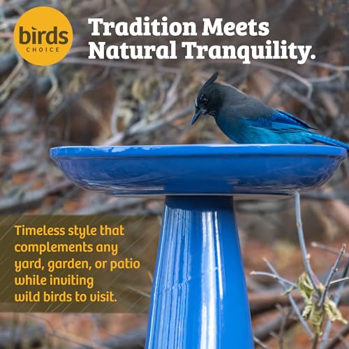 Birds Choice Ohio Stoneware Pedestal Bird Bath | 22in x 17in | Blue | Weather-Resistant Glazed Ceramic Clay, Stable Locking Top, Suits Outdoor Gardens and Patios - color: Summer Blue