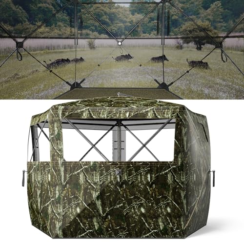 Hunting Blind, See Through Pop Up Ground Blind for Deer Hunting, Portable Camouflage Hunting Tent with Silent Sliding Windows, Durable Hunting Shelter with Carry Bag for Deer Turkey Duck - style: 288 Degre,3-4 Person