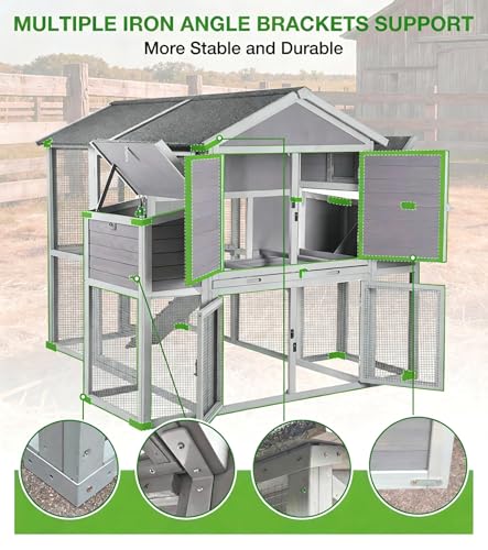 GUTINNEEN Extra Large Chicken Coop with Run Walk in Chicken House with 2 Large Nesting Boxes Sturdy Iron Angle Brackets 76" L Grey - size: 75.7"L x 65.7"W x 59.1"H