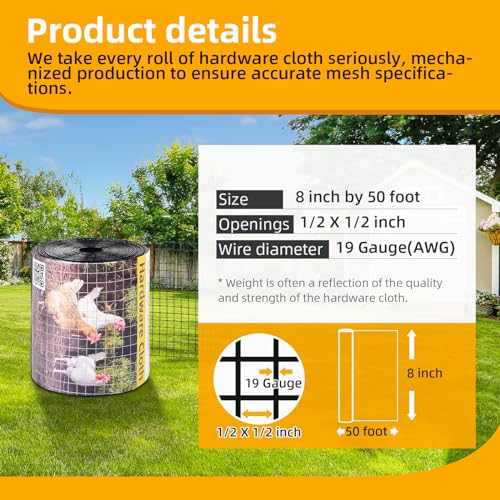 8in x 50ft Black Hardware Cloth 1/2 inch 19Ga PVC Coated Mesh | Vinyl Coated Fence, Welded Metal Chicken Wire Fencing Roll, Garden Plant Fencing, for Chicken Coop and Home Improvement - size: 1/2 inch 8in x 50ft
