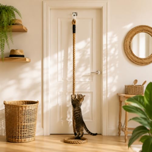 Cat Climbing Rope,9.84 Ft x 1.97 Inch Thick Natural Jute Cat Scratching Rope with Square Ring,Wall Mounted Cat Rope for Indoor Cats,Space-Saving Cat Wall Furniture & Cat Tree Alternative - size: 1.97-9.84 FT