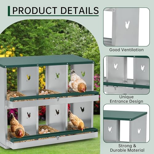 GarveeLife Chicken Nesting Box, 3 Compartments Nesting Box for Chickens, Two-Tier Galvanized Steel Chicken Egg Laying Box with Large Vented Holes Wall Mounting for Easy Egg Collection
