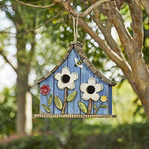 Glitzhome Hanging Birdhouses for Outdoors, 10.75" L Distressed Solid Wood Birdhouse Bird Nesting Box with 3D Flowers Rustic Hand-Painted Bird Houses for Outside - color: 3D Flowers Washed Blue