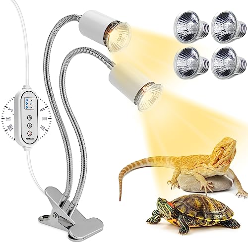Reptile Heat Lamp, Dual Head Reptile Light with Cycle Timer, Dimmable UVA/UVB Basking Light for Turtle Tortoise Lizard Snake Bearded Dragon and More, 4 Bulbs (2PCS 25W + 2PCS 50W) Included