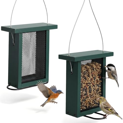 2 Pack Thistle Bird Feeder for Outside Hanging, Heavy Duty Metal Mesh Handmade Wood Feeder, 3 lb Large Seed Capacity, Sliding Mesh, Adjustable Perch, Squirrel Resistant