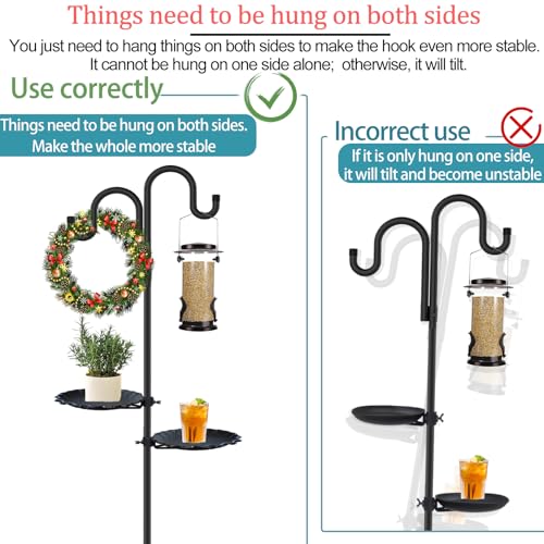 Upgraded 74" Shepherd's Hook Stand plant，Bird Feeder，Wind Chime Hanger Stand, Waterproof Metal & Adjustable-Height Standing Pole Holder for Lantern and Wreath, Indoor & Outdoor（2 Placement Racks)