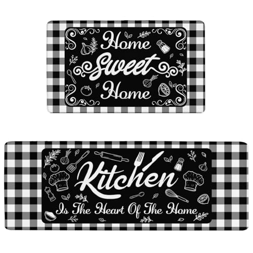 Buffalo Plaid Anti Fatigue Kitchen Mats, Black, 17.3"x47"+17.3"x29" | Cushioned Non Slip Memory Foam Waterproof, Checkered Kitchen Decor Rugs for Floor, Set of 2 for Sink Laundry Office - color: Black White