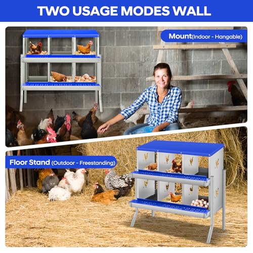 GarveeLife Chicken Nesting Box, 6 Compartments Nesting Box for Chickens, Two-Tier Galvanized Steel Chicken Egg Laying Box with Large Vented Holes Wall Mounting for Easy Egg Collection - color: Blue | 6 Compartments