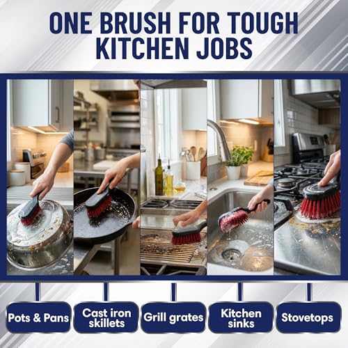 8 Inch Pot & Dish Kitchen Scrub Brush for Heavy-Duty Cleaning – Stiff Bristle Scrubber for Sink, Cast Iron, and Grill Grates - Kitchen Dish Scrubber Brush - 90048 by FryOilSaver Co.
